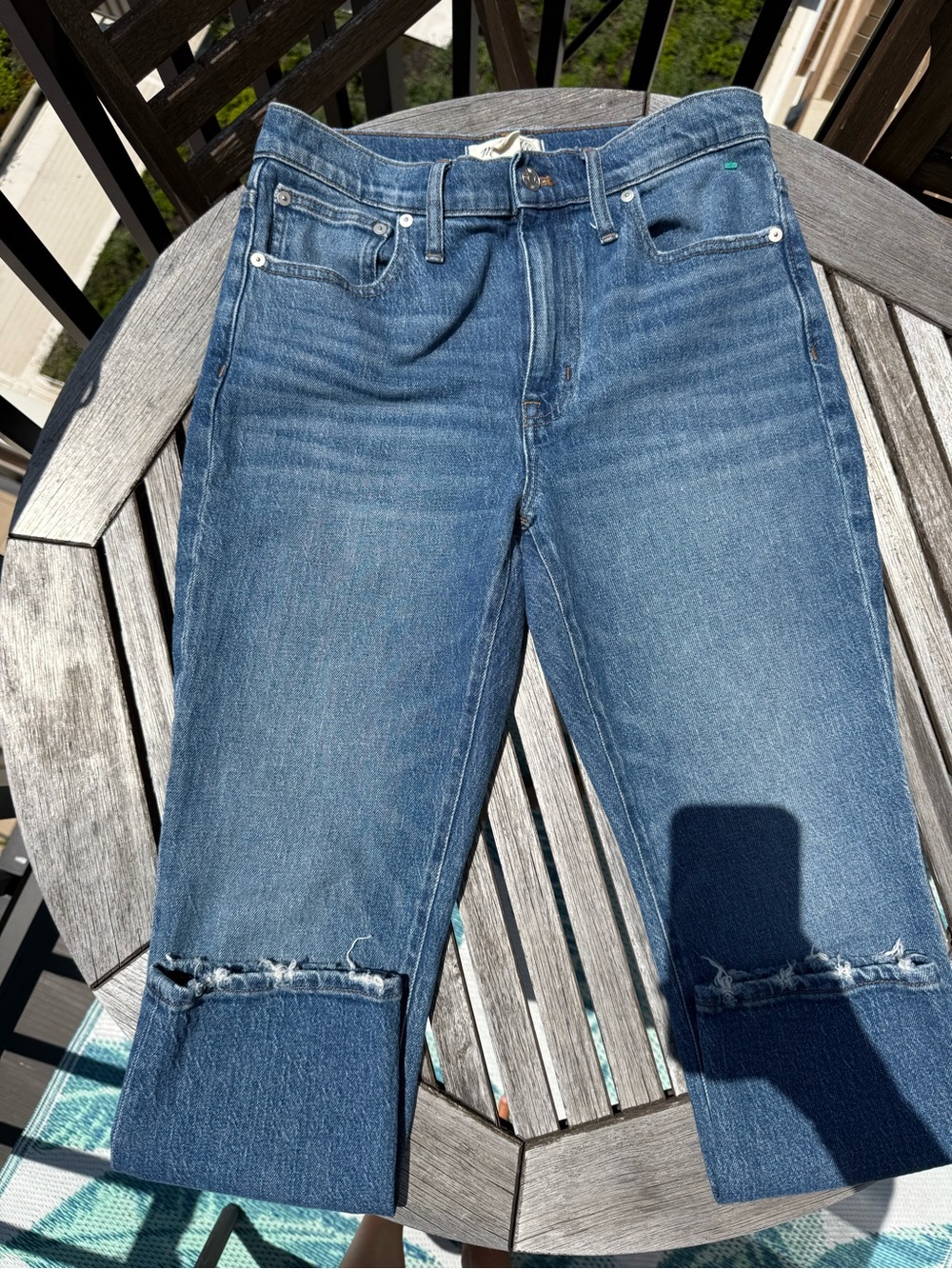 Madewell Mid-Blue Straight-Leg Jeans with Raw Knee Slits